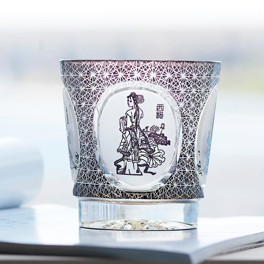 JP-143 320ml Hand Made Black Amber Old Fashioned Glass Tumbler Etched Carved Four Great Beauties Of Ancient China Pattern