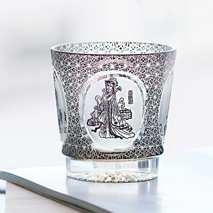 JP-143 320ml Hand Made Black Amber Old Fashioned Glass Tumbler Etched Carved Four Great Beauties Of Ancient China Pattern