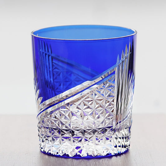 JP-123 250 ml Hand Cut To Clear Blue Tinted Glass Whiskey Tumbler Blue  In Gift Box