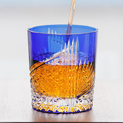JP-123 250 ml Hand Cut To Clear Blue Tinted Glass Whiskey Tumbler Blue  In Gift Box