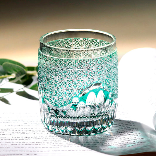 JP-059 250ml Roundish Japanese Style Hand cut and green cased glass whiskey tumblers Edo Kiriko's corydalis design