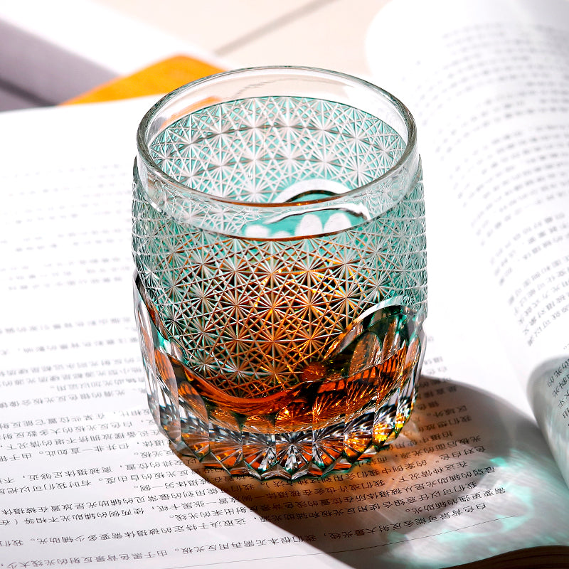JP-059 250ml Roundish Japanese Style Hand cut and green cased glass whiskey tumblers Edo Kiriko's corydalis design