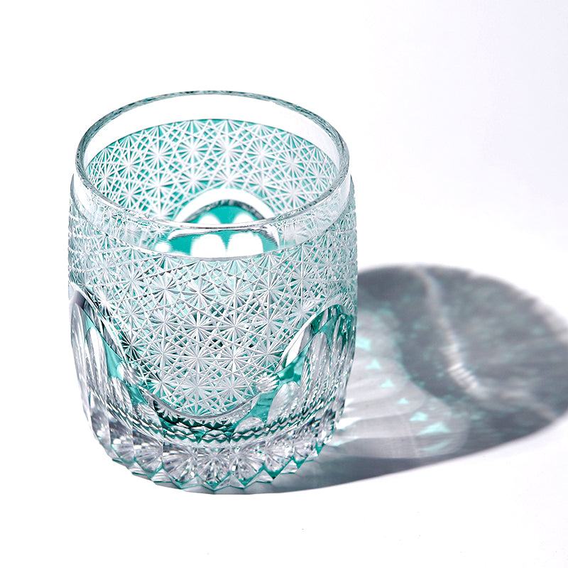 JP-059 250ml Roundish Japanese Style Hand cut and green cased glass whiskey tumblers Edo Kiriko's corydalis design