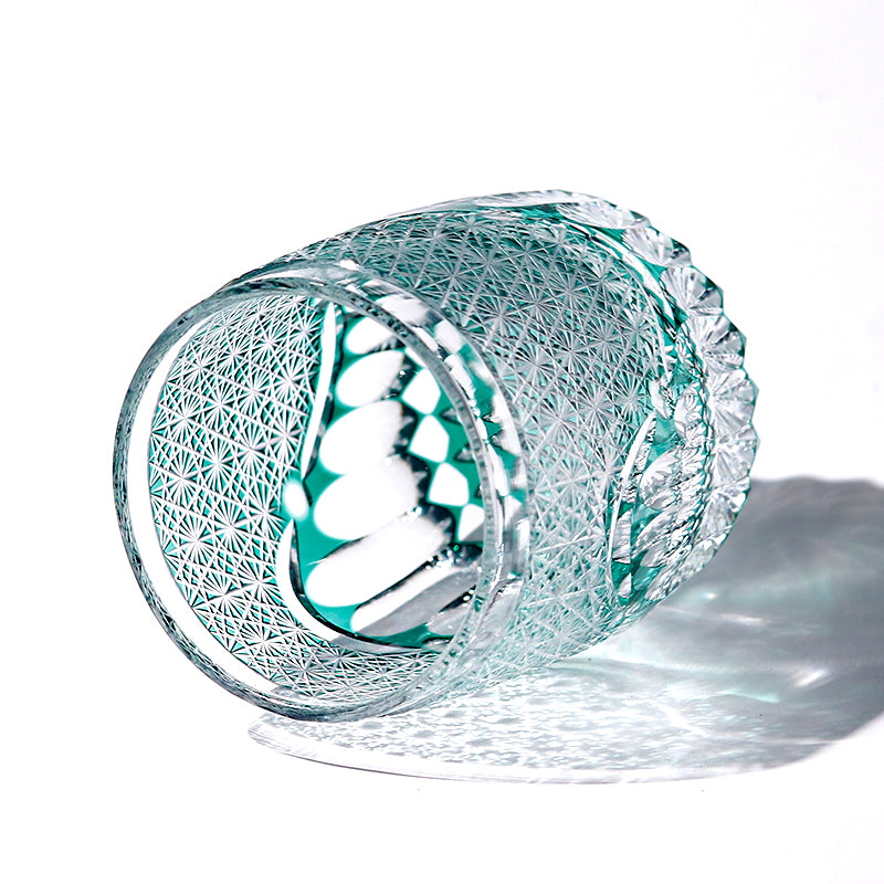 JP-059 250ml Roundish Japanese Style Hand cut and green cased glass whiskey tumblers Edo Kiriko's corydalis design