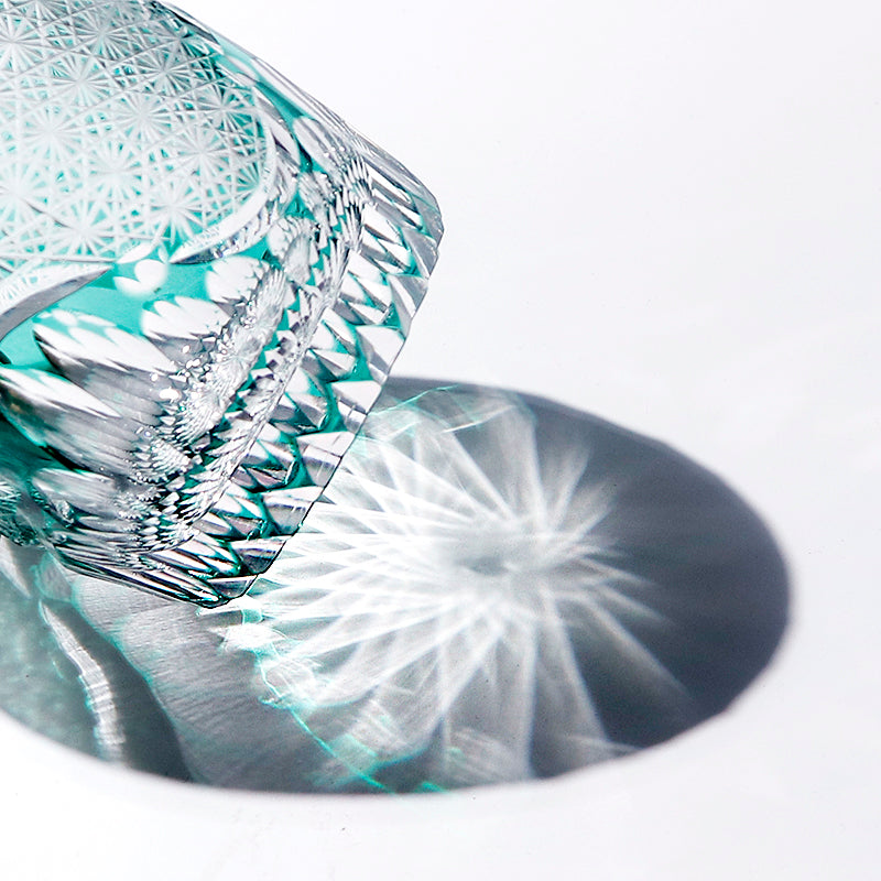 JP-059 250ml Roundish Japanese Style Hand cut and green cased glass whiskey tumblers Edo Kiriko's corydalis design
