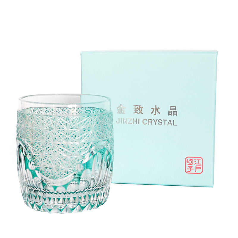 JP-059 250ml Roundish Japanese Style Hand cut and green cased glass whiskey tumblers Edo Kiriko's corydalis design