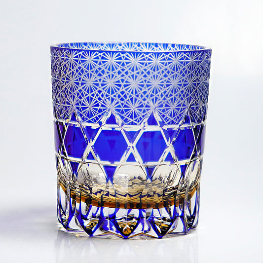 JP-116  240ml Luxury Edo Kiriko's Old Fashioned Glass Cocktail Cup Clear Blue and Amber Cased Crystal Glass Whiskey Tumblers Hand Cutting Garlands of hexagons And Chrysanthemum Mesh