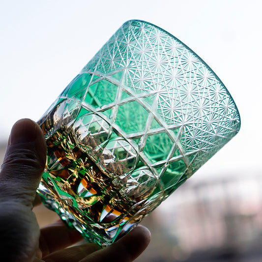 JP-107-S  240ml Luxury Green Edo Kiriko Old Fashioned Glass Cocktail Cup Clear Green and Amber Cased Crystal Glass Whiskey Tumblers Hand Cutting Garlands of hexagons And Chrysanthemum Mesh