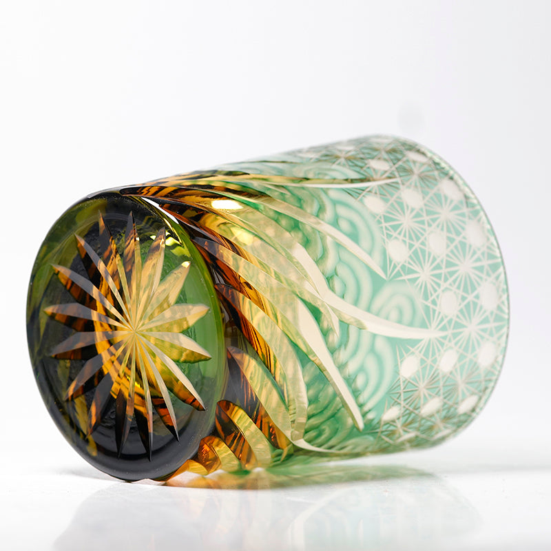 JP-040 240 ml Handcrafts Green and Amber Color Overlaid Glass Whiskey Tumbler Edo Kiriko's Roaring Waves Design In Gift Box