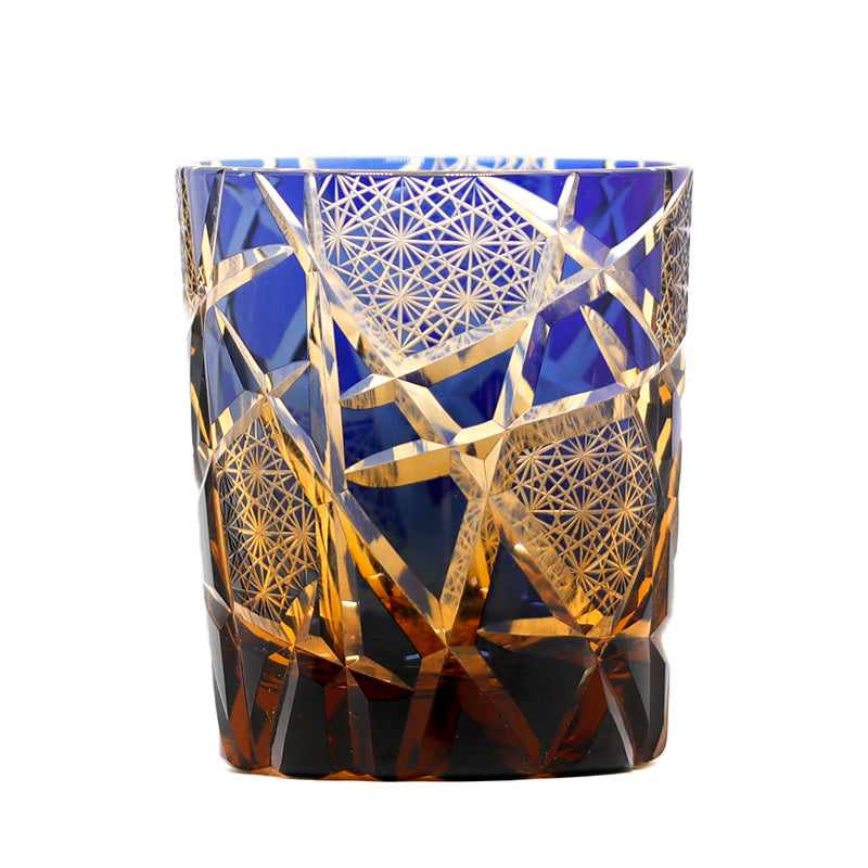 Hand Cut Lightning Whiskey Glass Tumbler Amber Blue 9oz