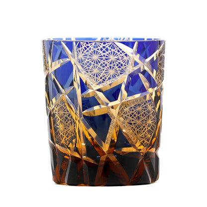 Hand Cut Lightning Whiskey Glass Tumbler Amber Blue 9oz