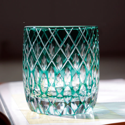 JP-060 250ml Roundish Hand Cut To Clear Green Cased Glass Whiskey Glass Tumblers Edo Kiriko Distant Thunder Design