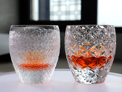 JP-086 250 ml  Hand Carved Asterism Whiskey glass Tumbler K9 Crystal Glass Edo Kiriko Star Circle Mesh Cocktail Glass Barrel-like Appreance