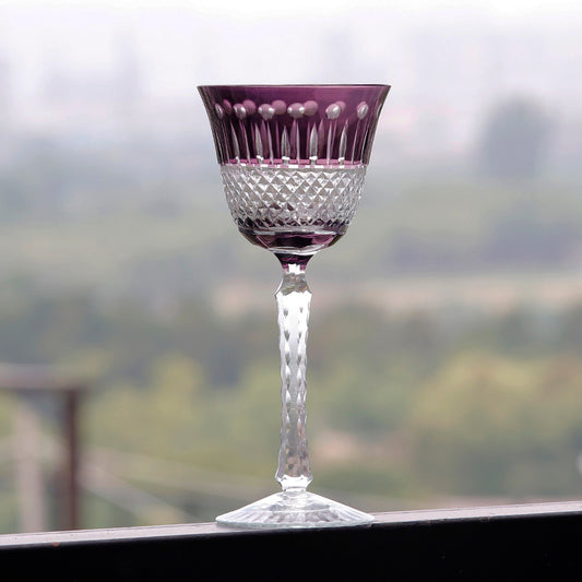 JP-097 150ml Hand cut to clear and purple colored crystal wine glass engraved Lotus Deisgn Hock Glass Goblet