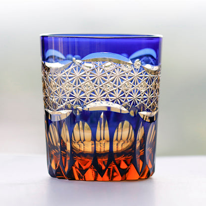 Primary image of 250 ml  Japanesque Style Blue and Amber Color Cased Glass Whiskey Tumblers with Hand Carved Mountain and Lotus Design - hand-cut crystal glassware