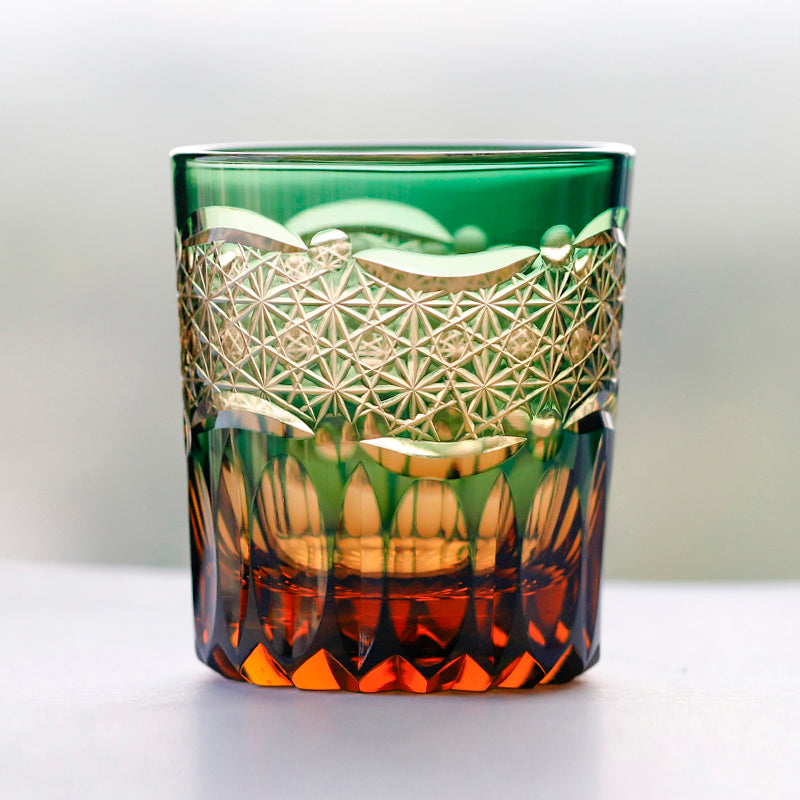 Primary image of 250 ml  Japanesque Style Green and Amber Color Cased Glass Whiskey Tumblers with Hand Carved Mountain and Lotus Design - hand-cut crystal glassware