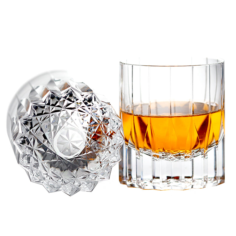 JP-069  Heavy and Thick Bottom Lead Free Crystal Whiskey Glass Tumblers---Hand engraved asterism Patterns