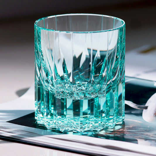 JP-091  200 ml Bohemian Deep orgue bevel cuts Green K9 Crystal Glass Tumblers---Hand engraved Orgue bevel Patterns