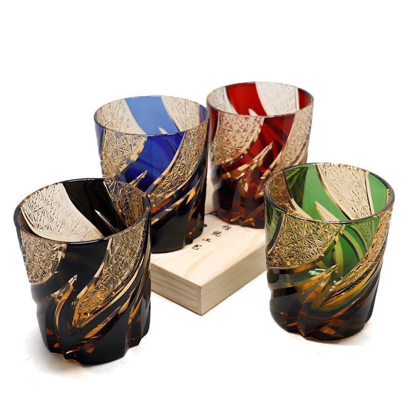JP-029 25 CL Green and Amber Tinted Glass Whiskey Tumbler With Classic Hand Cut Burning Flame Pattern