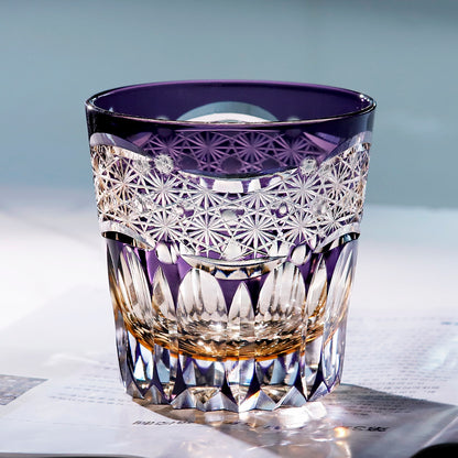 JP-106 32 cl Handcrafts Japanese Style Purple Amber Crystal Glass Whiskey Tumbler Edo Kiriko's Chrysanthemum Mesh And Globular Design With Gift Box