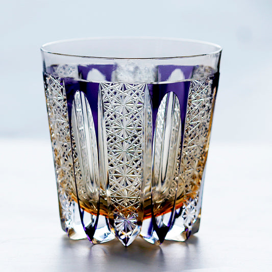 JP-110 32 cl Handcrafts Purple Amber Multilayer Colored Crystal Glass Whisky Tumbler Edo Kiriko's Deep Hand Cutting Strips And Chrysanthemum Mesh Edo Kiriko Old Fashioned Glass Tumbler