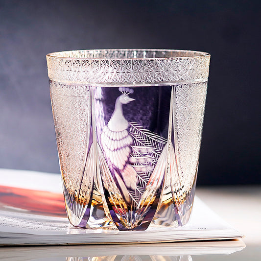 JP-108 320ml Handcrafts Japanese Style Purple Whiskey Glass Edo Kiriko‘s Peacock And Chrysanthemum Mesh Design