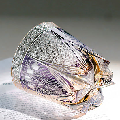 JP-108 320ml Handcrafts Japanese Style Purple Whiskey Glass Edo Kiriko‘s Peacock And Chrysanthemum Mesh Design