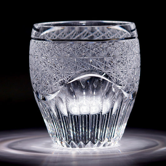 JP-087  9oz Hand Cut Clear K9 Crystal Glass Whiskey Tumbler Kaleidoscope Rock Glasses Edo Kiriko Chrysanthemum
