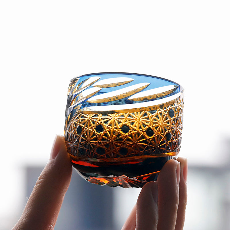 Blue-Amber Edo Kiriko Shot Glasses Lead-Free Cut-to-Clear