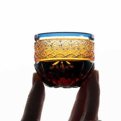 Blue-Amber Edo Kiriko Shot Glasses Lead-Free Cut-to-Clear