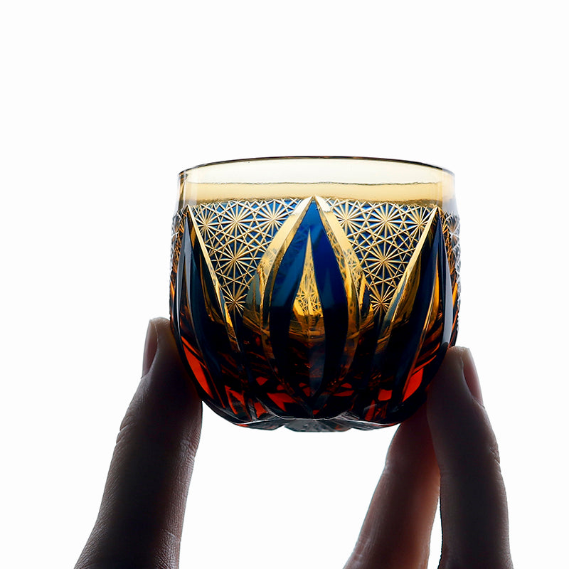 Blue-Amber Edo Kiriko Shot Glasses Lead-Free Cut-to-Clear