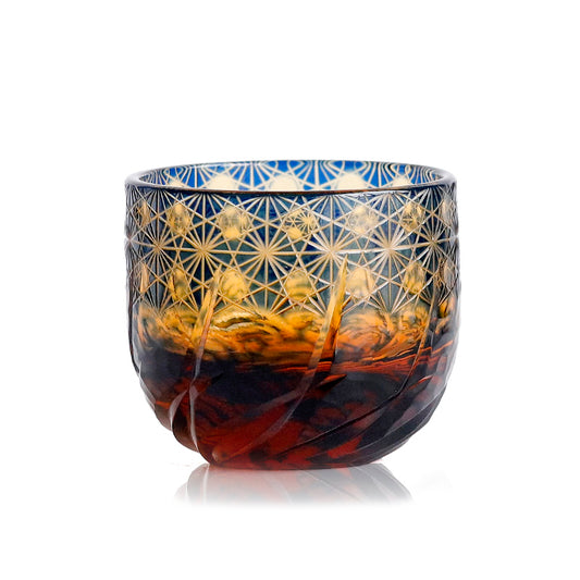 JP-040 60 ML Edo Kiriko Handcrafted Blue Amber Chilled Sake Glass Shot Glass Edo Kiriko Beaded Roaring Waves Design