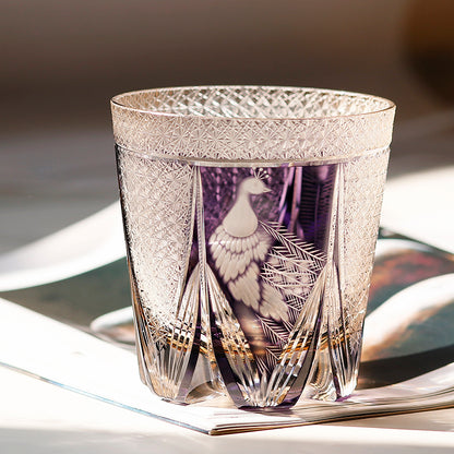 JP-108 320ml Handcrafts Japanese Style Purple Whiskey Glass Edo Kiriko‘s Peacock And Chrysanthemum Mesh Design