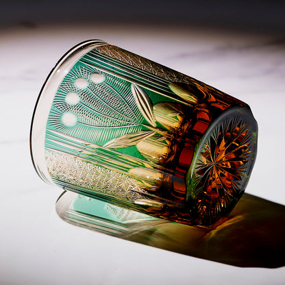 JP-112 8.5oz Edo Kiriko Style Green Cocktail Glass Tumbler Peacock Colored Crystal Glass Whiskey Tumblers