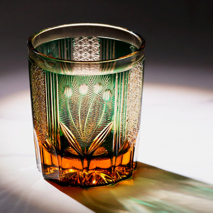 JP-112 8.5oz Edo Kiriko Style Green Cocktail Glass Tumbler Peacock Colored Crystal Glass Whiskey Tumblers