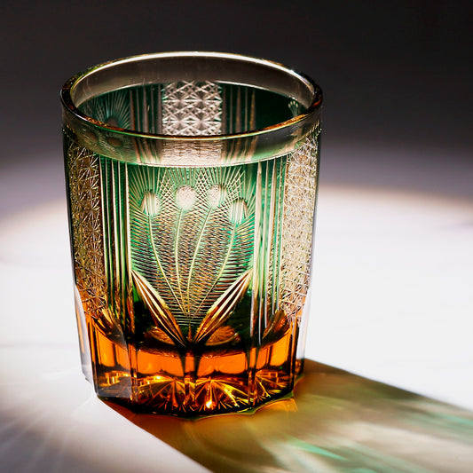 JP-112 8.5oz Edo Kiriko Style Green Cocktail Glass Tumbler Peacock Colored Crystal Glass Whiskey Tumblers