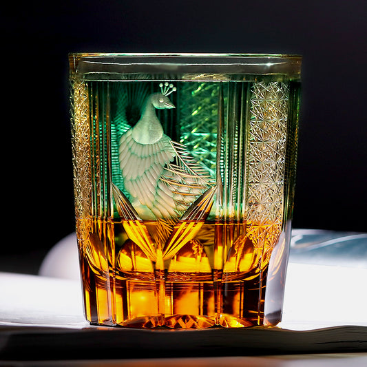 JP-112 8.5oz Edo Kiriko Style Green Cocktail Glass Tumbler Peacock Colored Crystal Glass Whiskey Tumblers