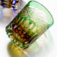 JP-054 240ml New 3kinds color Transparent Green and Amber Cased Crystal Glass Whiskey Tumblers with Hand Carved Chrysanthemum Mesh and globular cuts Design