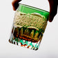 JP-054 240ml New 3kinds color Transparent Green and Amber Cased Crystal Glass Whiskey Tumblers with Hand Carved Chrysanthemum Mesh and globular cuts Design