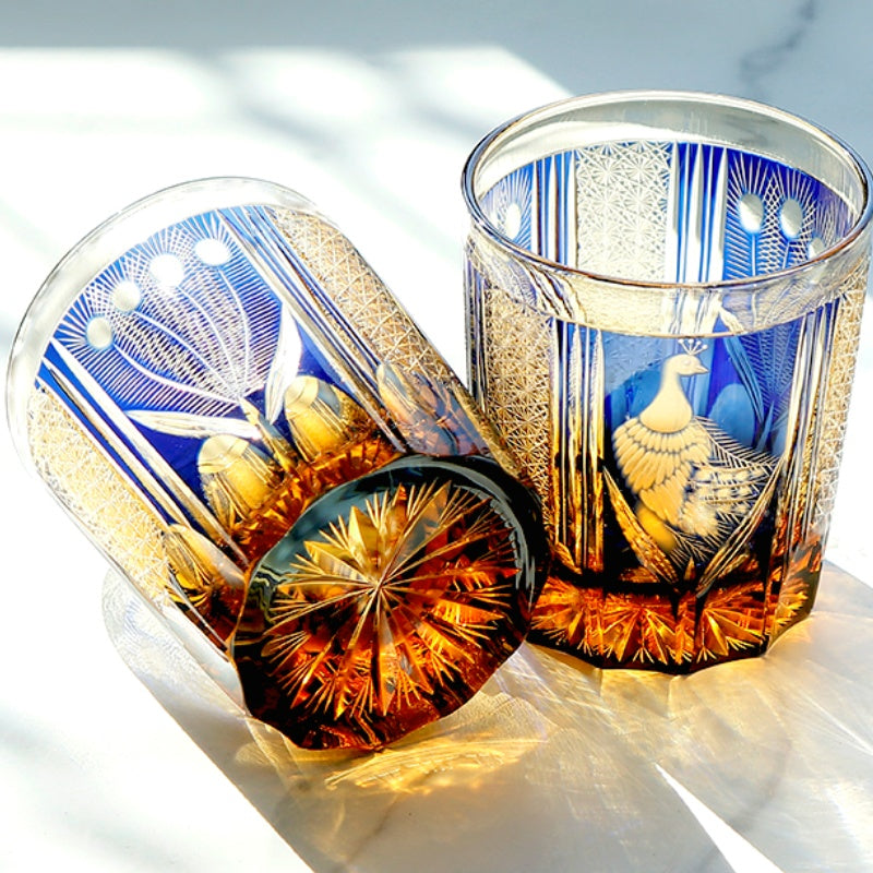 JP-112 8.5oz Edo Kiriko Style Blue and Amber Cocktail Glass Tumbler Colored Crystal Glass Whiskey Tumblers