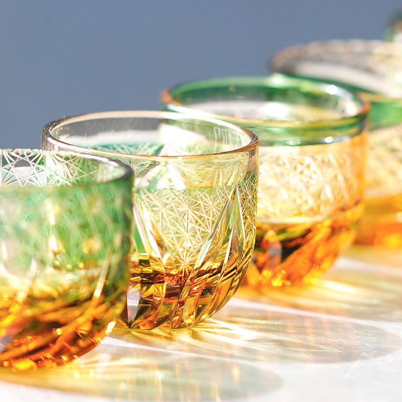 5 Styles Green-Amber Edo Kiriko Globe Sake Shot Glass