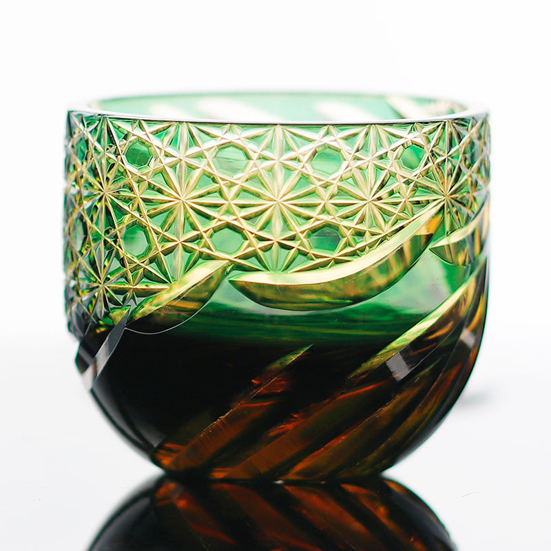 5 Styles Green-Amber Edo Kiriko Globe Sake Shot Glass