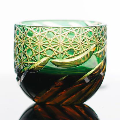5 Styles Green-Amber Edo Kiriko Globe Sake Shot Glass