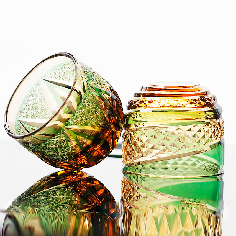 5 Styles Green-Amber Edo Kiriko Globe Sake Shot Glass