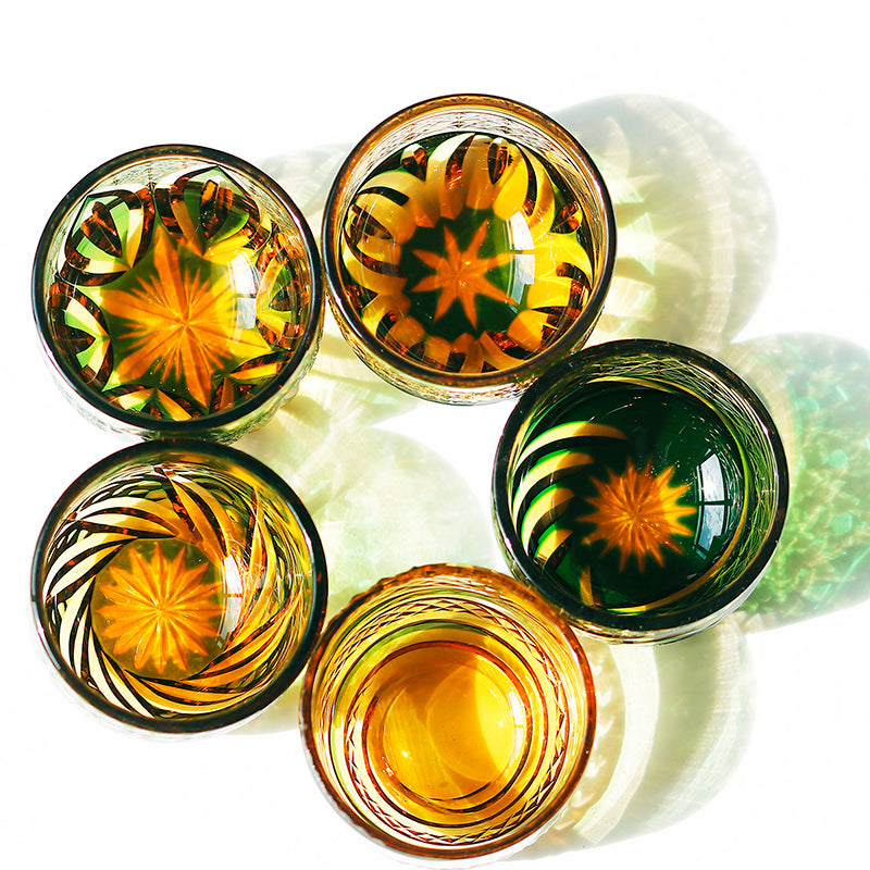 5 Styles Green-Amber Edo Kiriko Globe Sake Shot Glass