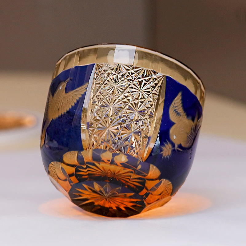 QJ-02 60 ML Blue Premium Peace Dove Shot Glass Green and Amber Colored Cold Sake Glass Cup,Chilled Sake Glass ,Small Drinking Vessel With Hand Cut Kiriko Chrysanthemum Design
