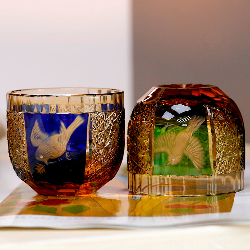 QJ-02 60 ML Blue Premium Peace Dove Shot Glass Green and Amber Colored Cold Sake Glass Cup,Chilled Sake Glass ,Small Drinking Vessel With Hand Cut Kiriko Chrysanthemum Design