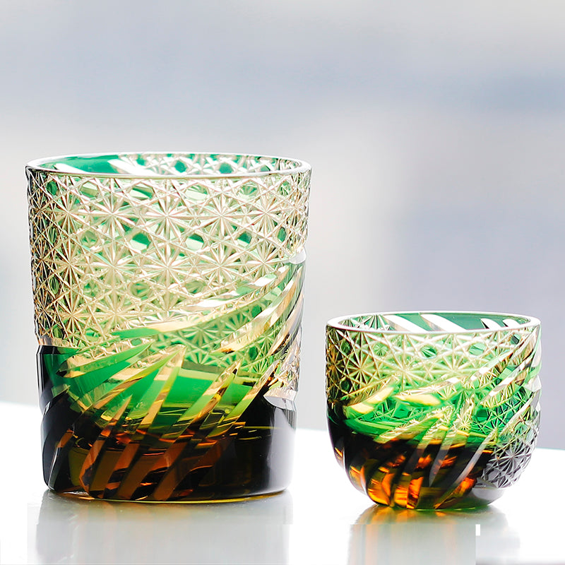 JP-031 Handcrafts Edo Kiriko's Amber Green Whiskey Glass  240 ml And Sake Glass Cup 60 ml