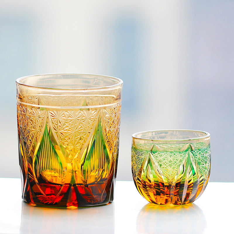 JP-020 Green Handcrafts Edo Kiriko Whiskey Glass Tumbler 240 ml And Sake Glass 60 ml