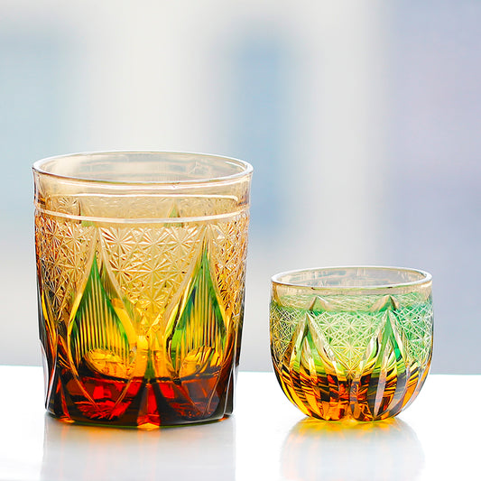 JP-020 Green Handcrafts Edo Kiriko Whiskey Glass Tumbler 240 ml And Sake Glass 60 ml